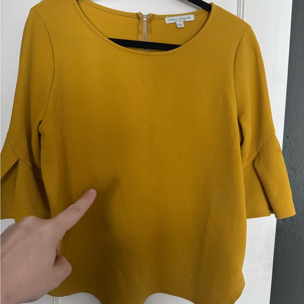 Green Envelope L mustard yellow boat neck long sleeve textured 3/4 blouse - Picture 5 of 5